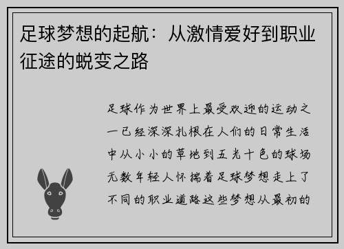 足球梦想的起航：从激情爱好到职业征途的蜕变之路