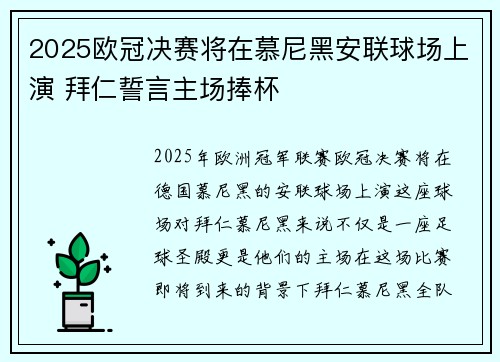 2025欧冠决赛将在慕尼黑安联球场上演 拜仁誓言主场捧杯