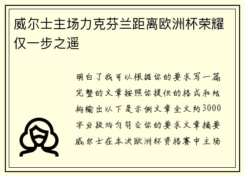 威尔士主场力克芬兰距离欧洲杯荣耀仅一步之遥