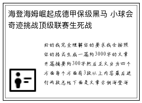 海登海姆崛起成德甲保级黑马 小球会奇迹挑战顶级联赛生死战