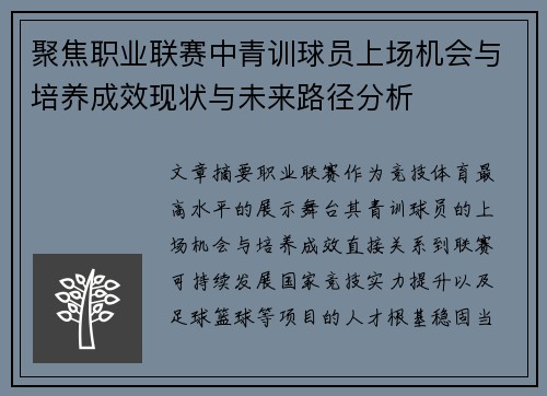 聚焦职业联赛中青训球员上场机会与培养成效现状与未来路径分析